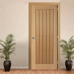 an empty room with potted plants on the floor and a wooden door in the middle