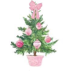 a christmas tree with pink ornaments in a flower pot on a white background, watercolor