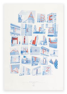 an art print with multiple images of houses and buildings in blue, red, and white