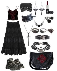 by me Romantic Goth Summer Outfits, My Chemical Romance Concert Outfit, Goth Outfit Board, Goth Romantic Outfit, Goth Club Aesthetic, 80s Rock Aesthetic Outfits, Goth Outfits Summer, Witchcore Outfit, Comfy Goth