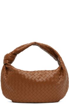 Intrecciato-woven grained lambskin shoulder bag in brown. Knotted accent at fixed shoulder strap · Zip closure · Zip pocket at interior · Grained calfskin lining · H11.5 x W17 x D2. Designer Brown Woven Leather Shoulder Bag, Brown Office Bags With Intrecciato Weave, Brown Intrecciato Weave Office Bag, Elegant Brown Intrecciato Weave Hobo Bag, Brown Intrecciato Weave Evening Shoulder Bag, Brown Woven Leather Shoulder Bag For Office, Chic Brown Shoulder Bag With Interwoven Design, Brown Hobo Bag With Braided Handles For Evening, Brown Top Handle Shoulder Bag With Interwoven Design