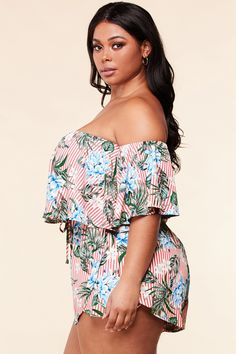 Showcase resort style in this red and white striped overlapping flower print romper. Featuring an off-the-shoulder flounce top with flutter sleeves, cinched waist with drawstrings and petal layer bottom. Elasticized off shoulder neckline & arm holes Shorts lining Light weight Fabric: 100% Polyester Off-shoulder Beachwear Tops For Beach Season, Off-shoulder Beachwear Tops For Beach, Off-shoulder Tops For Beach Season, Off-shoulder Tops For Beach Vacation, Summer Off-shoulder Top With Ruffles For Vacation, Spring Vacation Off-shoulder Swimwear, Summer Vacation Off-shoulder Short Sleeve Top, Floral Print Off-shoulder Top For Vacation, Summer Vacation Floral Print Off-shoulder Top