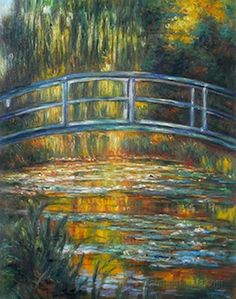 a painting of a bridge over a pond with water lilies