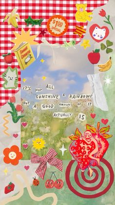 an altered collage with words and pictures on it's side, including hearts