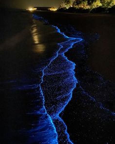 the beach is lit up at night with blue lights on it and waves coming in