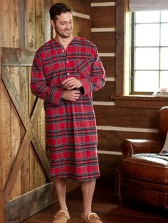 Men's Portuguese Cotton Flannel 47 Inch Nightshirt Plaid Long Sleeve Sleepwear With Relaxed Fit, Cozy Plaid Long Sleeve Sleepwear, Cozy Long Sleeve Plaid Sleepwear, Plaid Long Sleeve Sleepwear For Fall, Plaid Winter Sleepwear, Winter Plaid Sleepwear, Sleepwear & Loungewear, Sleep Shirt, Night Shirt