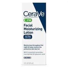 Ultra Lightweight. Moisturizes Throughout the Night & Helps Restore the Protective Skin Barrier. With 2 Essential Ceramides, Niacinamide & Hyaluronic Acid. Oil Free. Lightweight, Oil-Free Night Cream.  . Night cream with niacinamide.  . Your skin needs moisture around the clock, but it may need other things toolike soothing. With a night cream containing niacinamide, which can help calm the skin while you sleep, plus hyaluronic acid and ceramides, you can help your skin hold on Cera Ve Moisturizing Cream, Pm Moisturizer, Skin Care Products List, Cerave Facial Moisturizing Lotion, Cera Ve, Cerave Skincare, Dermatologist Recommended Skincare, Cerave Moisturizing Cream, Best Night Cream