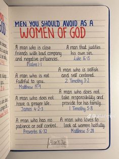 an open notebook with writing on it and the words men you should avoid as a women of god