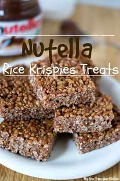 nutella rice krispies treats on a white plate