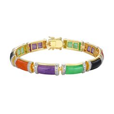 Add a pop of color to your jewelry box with this diamond-embellished Dynasty Jade purple, red, and green jade bracelet. Click on this JEWELRY & WATCHES GUIDE to learn about fit, styles, materials and more! FEATURES Length: 7.25 in. Clasp: box Nickel safe Metal: sterling silver Plating: 18k gold Finish: polished Packaging: boxedSTONE DETAILS Stone type: jadeite jade Total weight: 29 5/8 ct. Shape: baguette cut Setting: glue/epoxyDIAMOND DETAILS Total weight: less than 1/10 ct. Color grade: I-K Cl Multicolor Multi-stone Diamond Bracelet For Formal Occasions, Multicolor Multi-stone Luxury Diamond Bracelet, Multicolor Diamond Bracelet For Formal Occasions, Multicolor Luxury Diamond Bracelet For Formal Occasions, Luxury Multicolor Diamond Bracelet For Formal Occasions, Luxury Multicolor Multi-stone Bracelets, Luxury Multicolor Tennis Bracelet For Anniversary, Multicolor Multi-stone Round Diamond Bracelet, Multicolor Multi-stone Diamond Bracelet