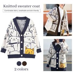 One   size Length : 62 cm/24.4in Bust:116 cm/45.7in Sleeve length :46 cm/18.1in Shoulder : 57cm/22.4in Lady Cartoon, Preppy Mode, Sweater Preppy, Loose Cardigan, Fashion Cartoon, Pullover Outfit, Long Sleeve Knit Sweaters, Knitted Coat, V Neck Cardigan