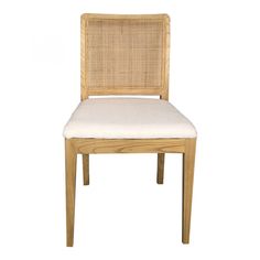 a wooden chair with a white cushion on the seat and back side, against a white background