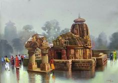 an oil painting of people walking around a temple in the middle of a body of water