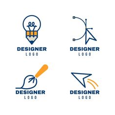 four different logos designed to look like pencils and paper planes, with the words designer logo