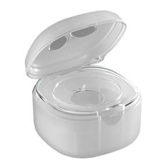 a white plastic container with two lids on the top and one lid open to show something inside