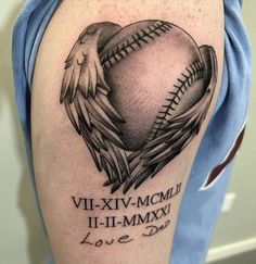 a baseball tattoo with an angel's wings and the words vi - xi - v - mclin 11 - 11 - mmxvmxy love dad