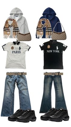 four different types of clothes and shoes on display in front of a white background with the words new york printed on it