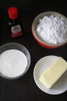 ingredients for making cake sitting on a table