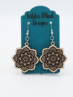 Laser Engraved Mandala Wood Earrings. These earrings are beautiful and can go with any outfit, they are very lightweight- making them easy to wear all day! They are made from Basswood Plywood and lightweight and durable. These earrings are laser cut and laser engraved. Ear wires are made from surgical stainless steel. Since these earrings are made from wood, I highly recommend taking them off for any water related activities such as swimming or showering. They come packed on an earring card hold Bohemian Flower-shaped Pierced Earrings, Bohemian Single Flower Earring, Flower Earrings With Ear Wire For Festivals, Flower-shaped Matching Earrings For Festivals, Flower-shaped Jewelry With Matching Earrings For Festivals, Bohemian Adjustable Flower Shaped Earrings, Bohemian Adjustable Flower-shaped Earrings, Bohemian Flower Shaped Earrings With Ear Wire, Mandala Wood