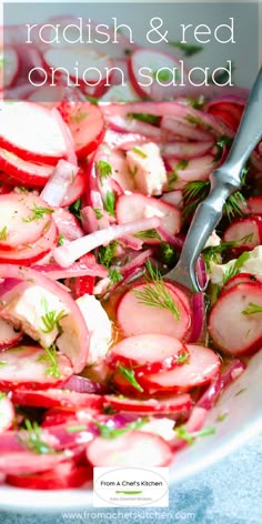 radish and red onion salad in a white bowl with a silver serving spoon