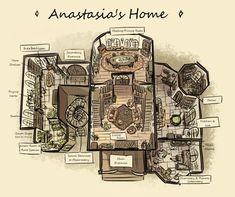 a drawing of a floor plan for a house with lots of furniture and decorations on it