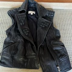 Genuine Leather Vest Never Worn. In Perfect Condition Chic Black Leather Biker Jacket, Casual Leather Biker Jacket For Night Out, Designer Black Leather Biker Jacket, Moto Vest, Leather Vest, Leather Moto, Elizabeth And James, Genuine Leather, Black Leather