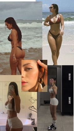 a collage of photos showing different women in bathing suits