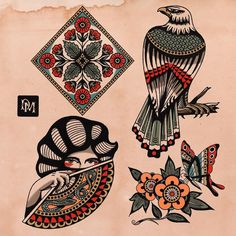 an old fashioned tattoo design with birds and flowers on the back of each bird's head