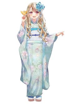 an anime character with long blonde hair wearing a blue kimono and holding her arms out