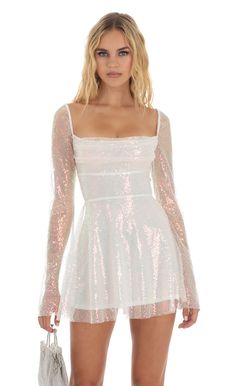 Brooks Iridescent Sequin Flare Dress in White | LUCY IN THE SKY Long Sleeve Sequin Dress, Sequin Dresses, Skater Dresses, Sequin Party Dress, Hoco Dresses, Colorblock Dress, Mini Dresses, Birthday Dresses, Glamorous Evening Gowns