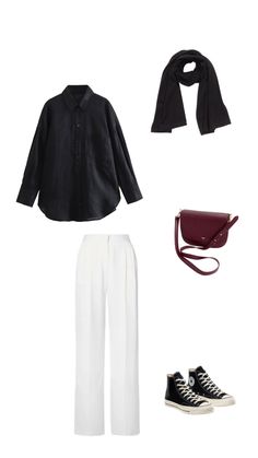 black shirt, white trousers, black converse chuck 70, burgundy bag, black hijab, hijabi outfit Black Shirt Outfits, White Hijab, Black Hijab, Burgundy Bag, Burgundy Outfit