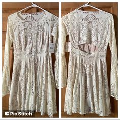 Cream Lacey Dress, Long Sleeve, Flare Sleeve, Inner Slip On Chest And Lower Body, Cut Out Back. Brand New, Never Worn! Free People Lace Dress, Lacey Dress, Lower Body, Free People Dress, Flared Sleeves, Cut Out, Free People, Lace Dress, Slip On