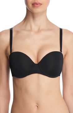 Soft foam contour cups disappear under clothes in this convertible underwire bra that lifts, shapes and supports. Removable, adjustable straps 86% nylon, 14% elastane with 47% nylon, 45% rayon, 8% elastane trim Hand wash, line dry Imported Black Fitted Nursing Bra With Removable Cups, Fitted Black Nursing Bra With Removable Cups, Underwire Bra With Removable Pads In Nylon, Underwire Nylon Bra With Removable Pads, Nylon Underwire Bra With Removable Pads, Black Bra With Removable Pads And Sweetheart Neckline, Black Bra With Sweetheart Neckline And Removable Pads, Classic Bra With Removable Cups And Underwire, Black Underwire Bra With Adjustable Straps