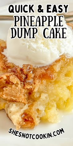 Pineapple dump cake cobbler with vanilla ice cream on a white plate. Dump Cake Cobbler, Pineapple Dump Cake Recipe, Pineapple Dump Cake, Blueberry Dump Cakes, Desserts Summer, Boxed Cake Mixes Recipes, Pineapple Dessert Recipes, Butter Pecan Cake, Cake Mix Desserts