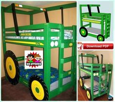 there is a green bunk bed with yellow wheels on the bottom and bottom, as well as an image of a tractor