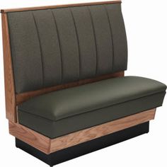 a wooden bench with green upholstered seat and back cushions on the front side