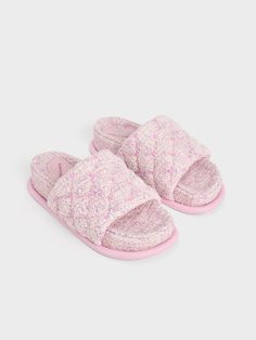 Pink Dahlia Tweed Quilted Heart-Print Sandals - CHARLES & KEITH US Comfortable Pink Slippers For Spring, Casual Pink Slippers For Spring, Pink Slippers With Textured Footbed For Vacation, Pink Vacation Slippers With Textured Footbed, Casual Pink Slippers With Textured Footbed, Pink Slip-on Sandals With Textured Sole, Vacation Pink Slippers With Textured Footbed, Pink Textured Sole Slip-on Sandals, Pink Textured Footbed Slippers For Vacation