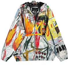 Rock your fashion game with this brand new with tags eye-catching Members Only jacket featuring the abstract art of Jean Michel Basquiat. The windbreaker is made with a softshell polyester material and comes in a size M with a regular fit. The jacket has a zip closure, elastic waist, and a hood for added protection against the elements. The lightweight jacket is perfect for all seasons and occasions, whether you're traveling or just running errands around town. It has pockets for convenient storage and is lined with polyester mesh for added comfort. The colorful and bohemian theme of the jacket makes it a must-have for any fashion-forward hipster or designer. Brand new! Ships in one day! Wool Jacket Men, Leather Varsity Jackets, Members Only Jacket, Reflective Jacket, Burgundy Jacket, Zip Coat, Racer Jacket, Only Jeans, Jean Michel Basquiat