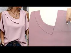 a woman is wearing a pink top with an asymmetrically shaped neckline