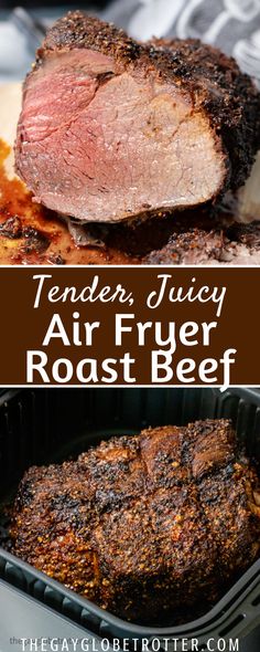 tender juicy air fryer roast beef in the oven with text overlay that reads tender juicy air fryer roast beef