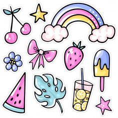 various stickers with different types of items on them, such as watermelon, ice cream, strawberries, and stars