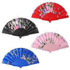 three different types of hand fans with flowers on them, one in red, one in blue and the other in pink