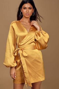 Dresses for Women | Best Women's Dresses Online Golden Yellow Dress, Pretty Midi Dresses, Wrap Dress Casual, Satin Wrap Dress, Yellow Long Sleeve, Yellow Satin, Long Sleeve Wrap Dress, Satin Long Sleeve, Online Dress Shopping