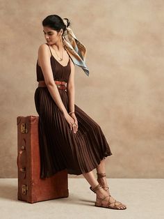 Satin Pleated Midi Dress | Banana Republic Pleated Midi Dress Outfit, Satin Pleated Dress, Safari Outfits, Dynamic Movement, Red Sleeveless Dress, Dress Label, Mid Calf Dresses, Fashion Bottoms, Pleated Midi Dress