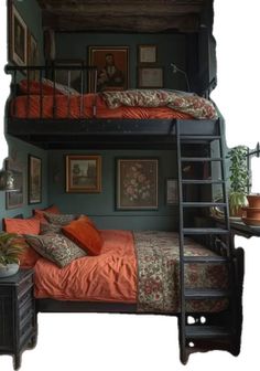 a bunk bed with two sets of beds underneath it and some pictures on the wall