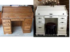 an old wooden desk and stool are shown in two different photos, one is turned into a vanity