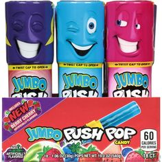 three different flavors of gummy rush pop candy