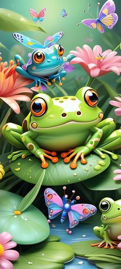 two frogs sitting on top of lily pads with butterflies flying around them and one frog is looking at the camera