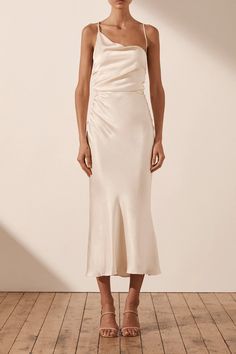 La Lune Asymmetrical Bias Cowl Midi Dress | Cream | Dresses | Shona Joy – Shona Joy International Cream Dresses, Shona Joy Dress, Dinner Dresses, White Ruffle Dress, Asymmetrical Midi Dress, Summer Loving, Shona Joy, Dress Cream, Cream Silk