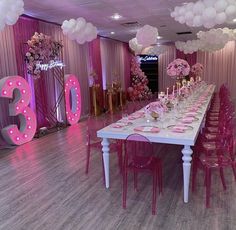 a table with pink chairs and balloons in the shape of numbers for an 80th birthday party